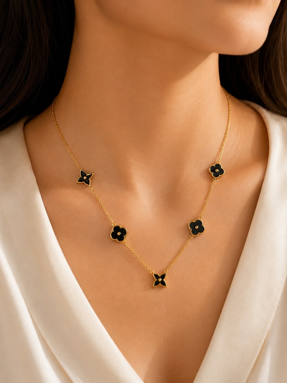 Gold-Plated Necklace with Black Clover Motifs